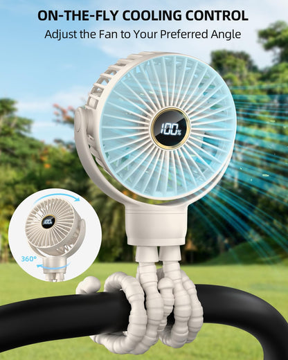 Portable Stroller Mini Fan, Small Rechargeable Personal Fan, Baby Travel Essentials for Wagon, Car Seat, Treadmill, Battery Powered Biking Gear Accessories, 360° Rotation, 3-Speed, Display, Black