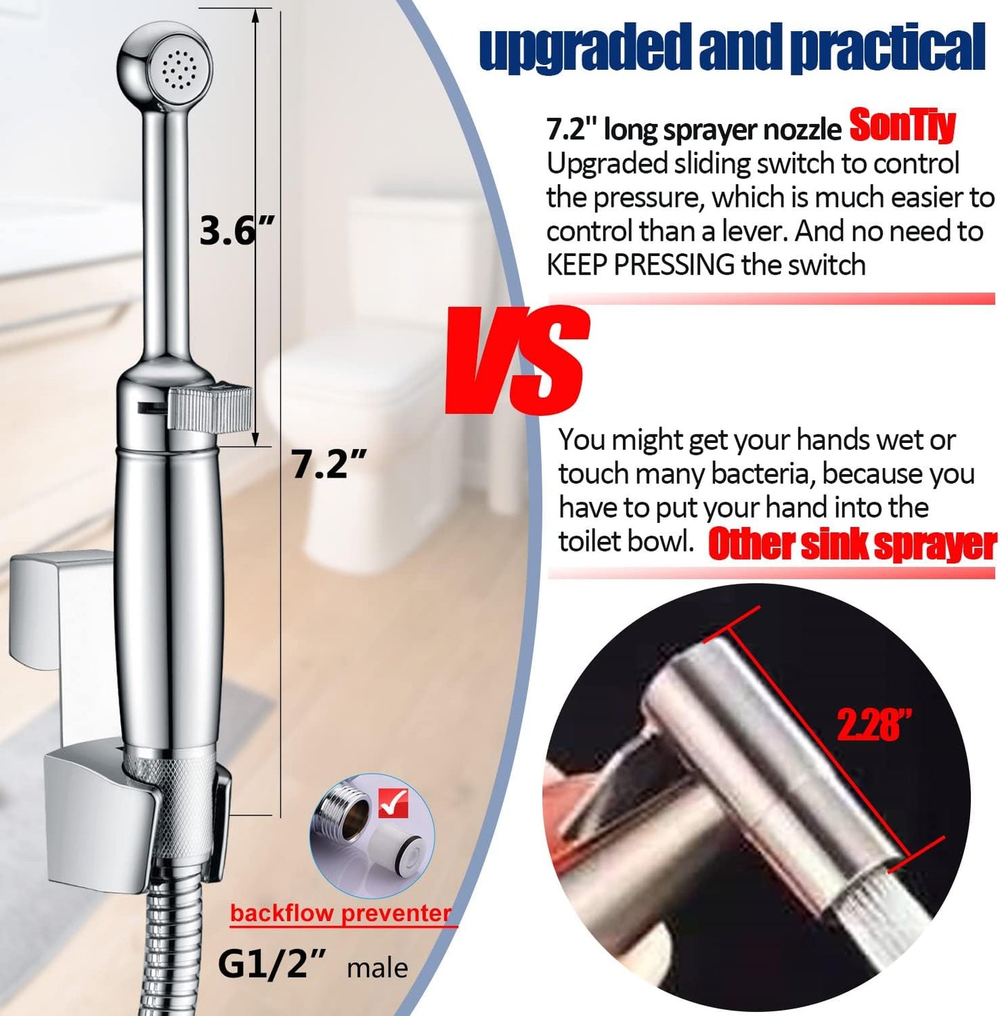 SonTiy Handheld Bidet Sprayer for Toilet, All Metal Cloth Diaper Toilet Sprayer Bidet Attachment with Backflow Preventer, Adjustable Water Jet Spray, 7.2" Brass Hand Held Bidet Wand, Chrome