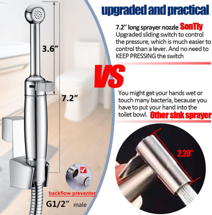 SonTiy Handheld Bidet Sprayer for Toilet, All Metal Cloth Diaper Toilet Sprayer Bidet Attachment with Backflow Preventer, Adjustable Water Jet Spray, 7.2" Brass Hand Held Bidet Wand, Chrome