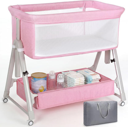 Cowiewie Bassinet Bedside Sleeper,3-in-1 Baby Bassinet with Mattress & Wheels,Easy Folding Portable Bedside Bassinet for Baby with Storage & Travel Bag,Breathable Mesh,Stable & Secure,Beige