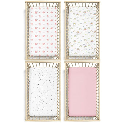 Plushii Crib Sheets for Baby Girls 4 Pack, 28"x 52" Extra Soft Microfiber Crib Sheet Set for Standard Crib & Toddler Mattress Pad, Rainbow & Elephant & Stars & Pink
