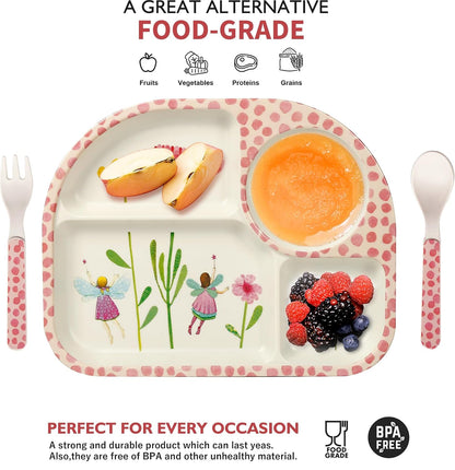 shopwithgreen 7Pcs/Set Bamboo Kids Dinnerware Set - Children Dishes - Food Plate Bowl Cup Spoon Fork Set Dishware, Cartoon Tableware, Dishwasher Safe Kids Healthy Mealtime, BPA Free