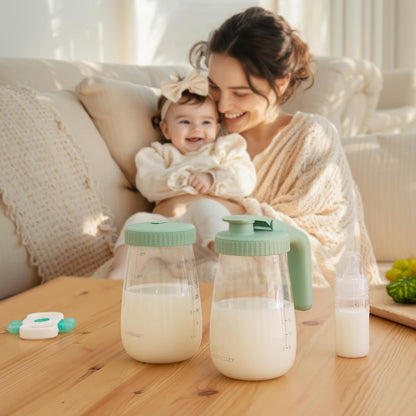 Momcozy Breast Milk Pitcher, Resistant to Heat and Cold Abrupt Temp Swings, No Leak Glass Breast Milk Fridge Storage Container with Wide Mouth, Fast Baby Formula Maker, Green