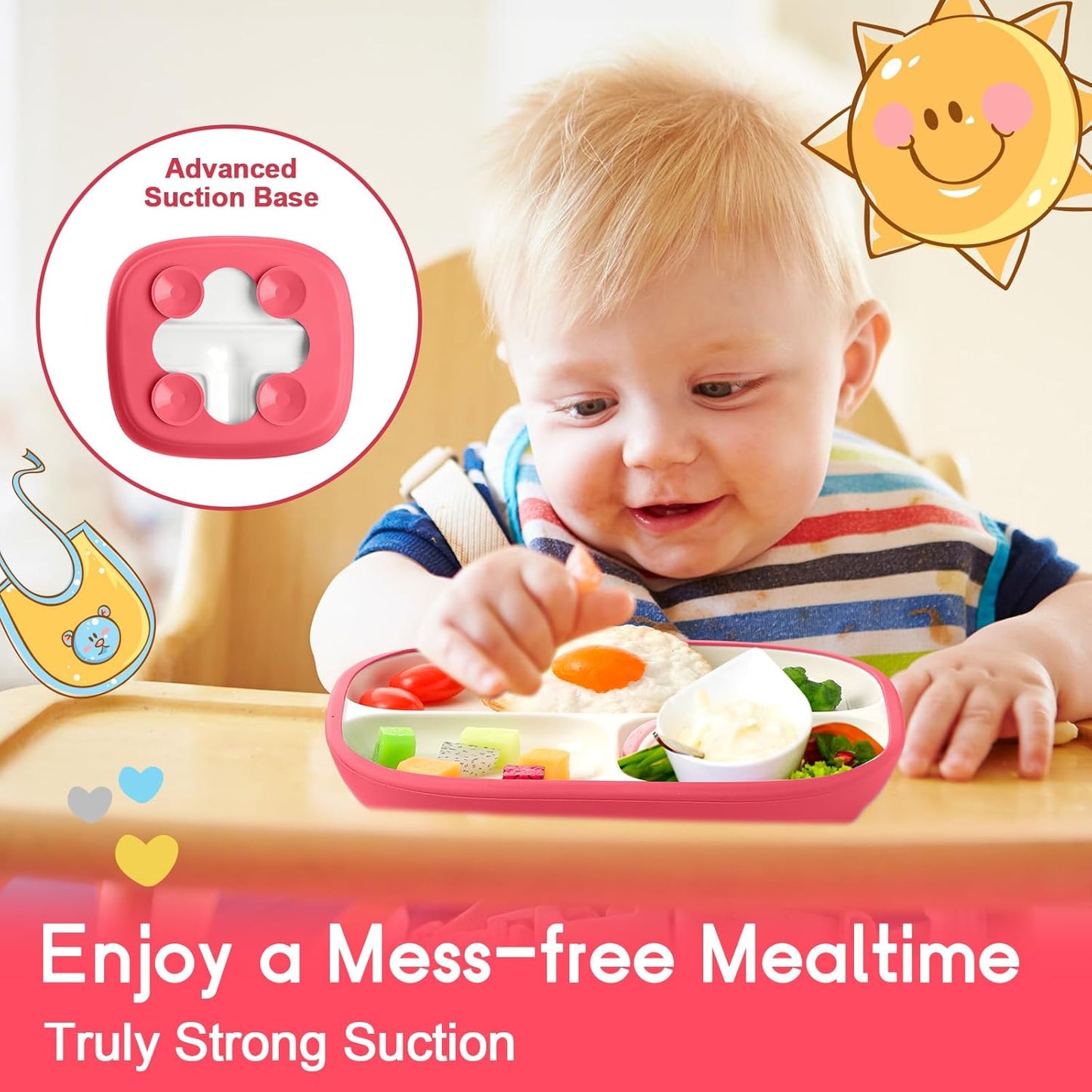 Domensi Kids Porcelain Plates with Silicone Sleeves 8.2 Inch Divided Porcelain Plate Toddler White Suction Dishes for Baby Troubleless Eating Microwave Dishwasher Safe(Stylish,3 Set)