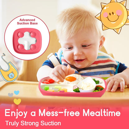 Domensi Kids Porcelain Plates with Silicone Sleeves 8.2 Inch Divided Porcelain Plate Toddler White Suction Dishes for Baby Troubleless Eating Microwave Dishwasher Safe(Stylish,3 Set)