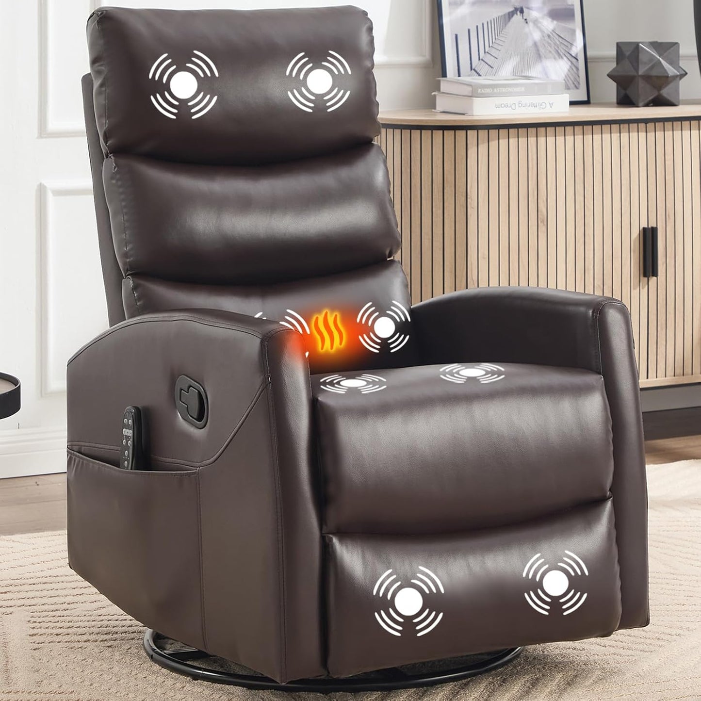 Massage Chair Recliner with Heat, Swivel Rocking Chair Recliner with High Back, Manual Nursery Recliners for Adults,Small Recliner Chair for Small Spaces, Living Room Bedroom, Fabric (Blue Green)