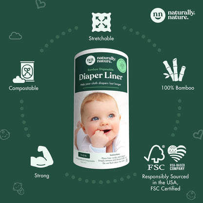 Naturally Nature Disposable Cloth Diaper Liners, Unscented, Fragrance-Free, Chlorine Free Diaper Inserts - 200 Count - (2 Rolls, 100 Sheets per Roll)