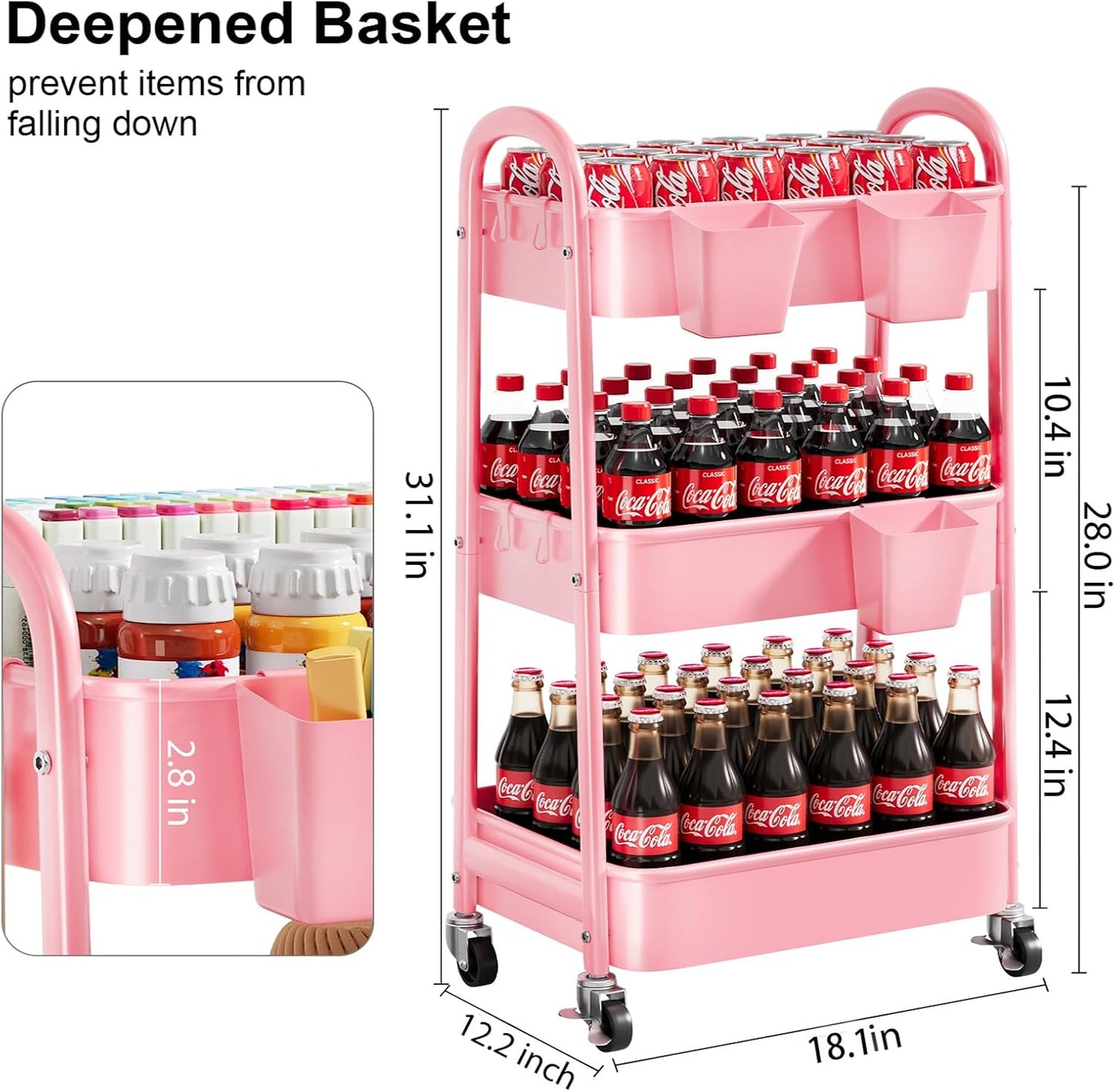 Beige 3 Tier Rolling Cart Metal on Wheels, Three Tiered Storage Organizer Utility Trolley with Wheels for Art, Craft, Baby Diaper Caddy, Snack, Book, Nail, Lash, Cleaning Supplies, Kitchen, Bathroom
