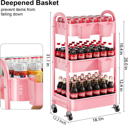 Beige 3 Tier Rolling Cart Metal on Wheels, Three Tiered Storage Organizer Utility Trolley with Wheels for Art, Craft, Baby Diaper Caddy, Snack, Book, Nail, Lash, Cleaning Supplies, Kitchen, Bathroom