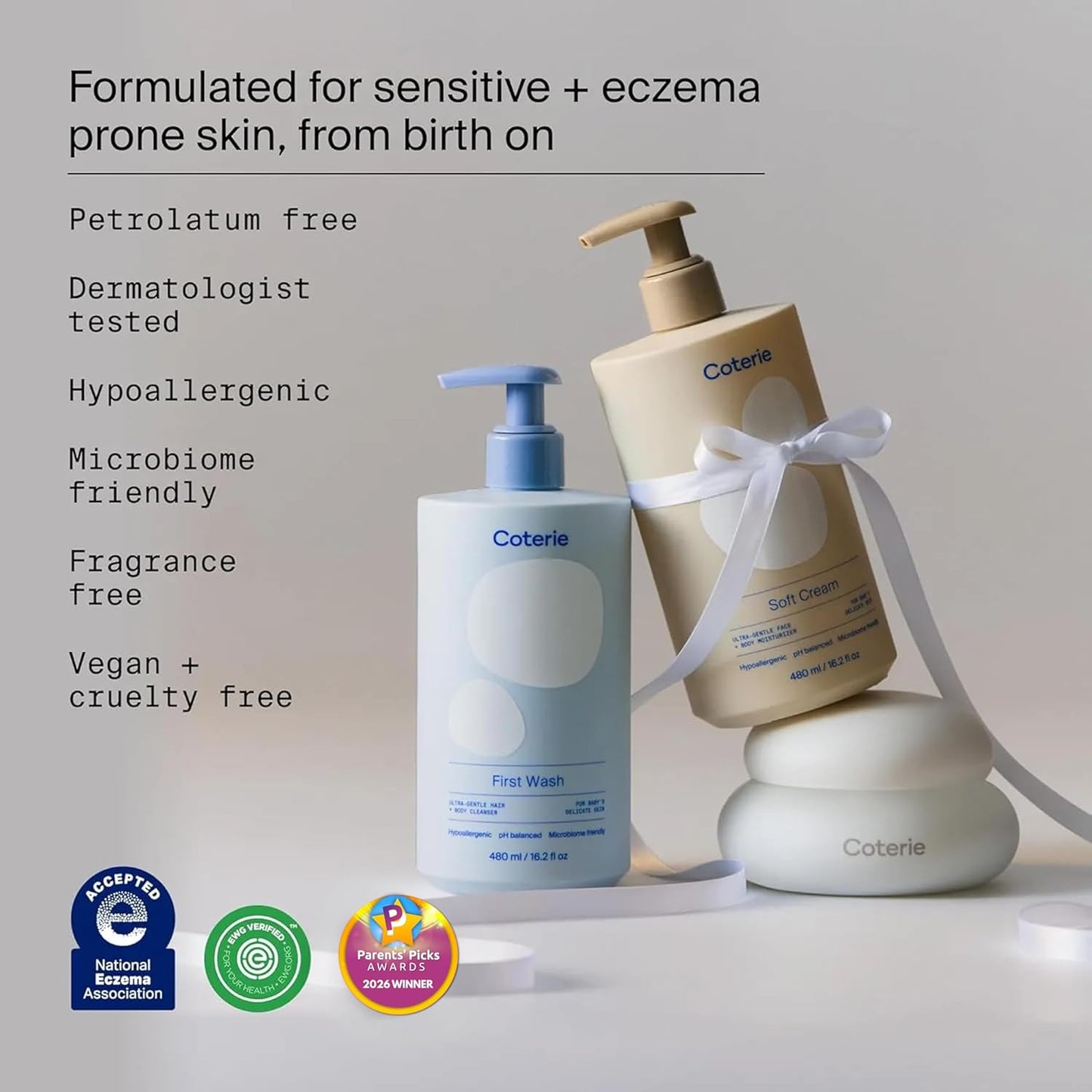 Coterie Baby Dry Skin Skincare Essentials Set | 16.2 oz Face + Body Lotion, 4.7 oz Diaper + Dry Skin Balm | Fragrance Free, Safe for Sensitive Skin, Hypoallergenic, Microbiome Friendly, Eczema Safe