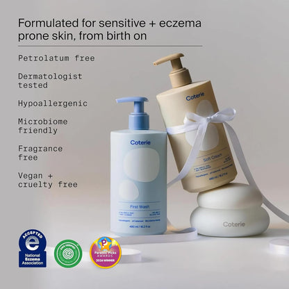 Coterie Baby Dry Skin Skincare Essentials Set | 16.2 oz Face + Body Lotion, 4.7 oz Diaper + Dry Skin Balm | Fragrance Free, Safe for Sensitive Skin, Hypoallergenic, Microbiome Friendly, Eczema Safe