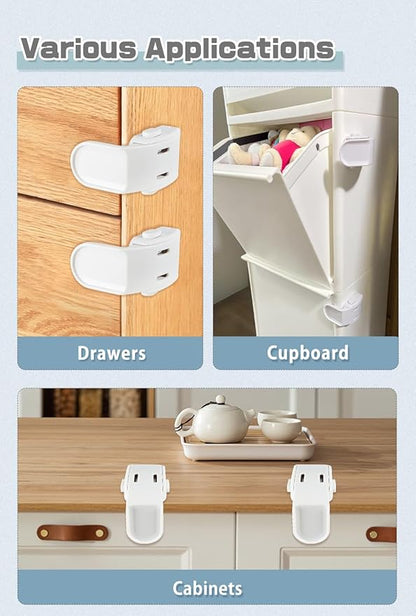 4 Pack Drawer Locks Baby Proofing, Maveek Child Proof Cabinet Locks For 0-12 Month Baby Safety Botton Lock For Drawers Side Furniture Latches Corner Edges (White)