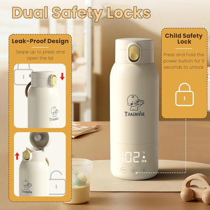 Portable Baby Bottle Warmer, Travel-Friendly with Detachable Battery Base, Type-C Fast Charge, 316 Stainless Steel, Touch Control, 8H Constant Temperature, Child Lock, 95-131°F
