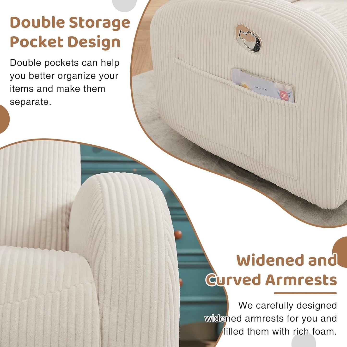 Nursery Glider Recliner, Power Swivel Rocking Recliner with USB & Type-C Port, Swivel Nursering Reclining Rocker with Double Pockets for Living Room, Camel Chenille