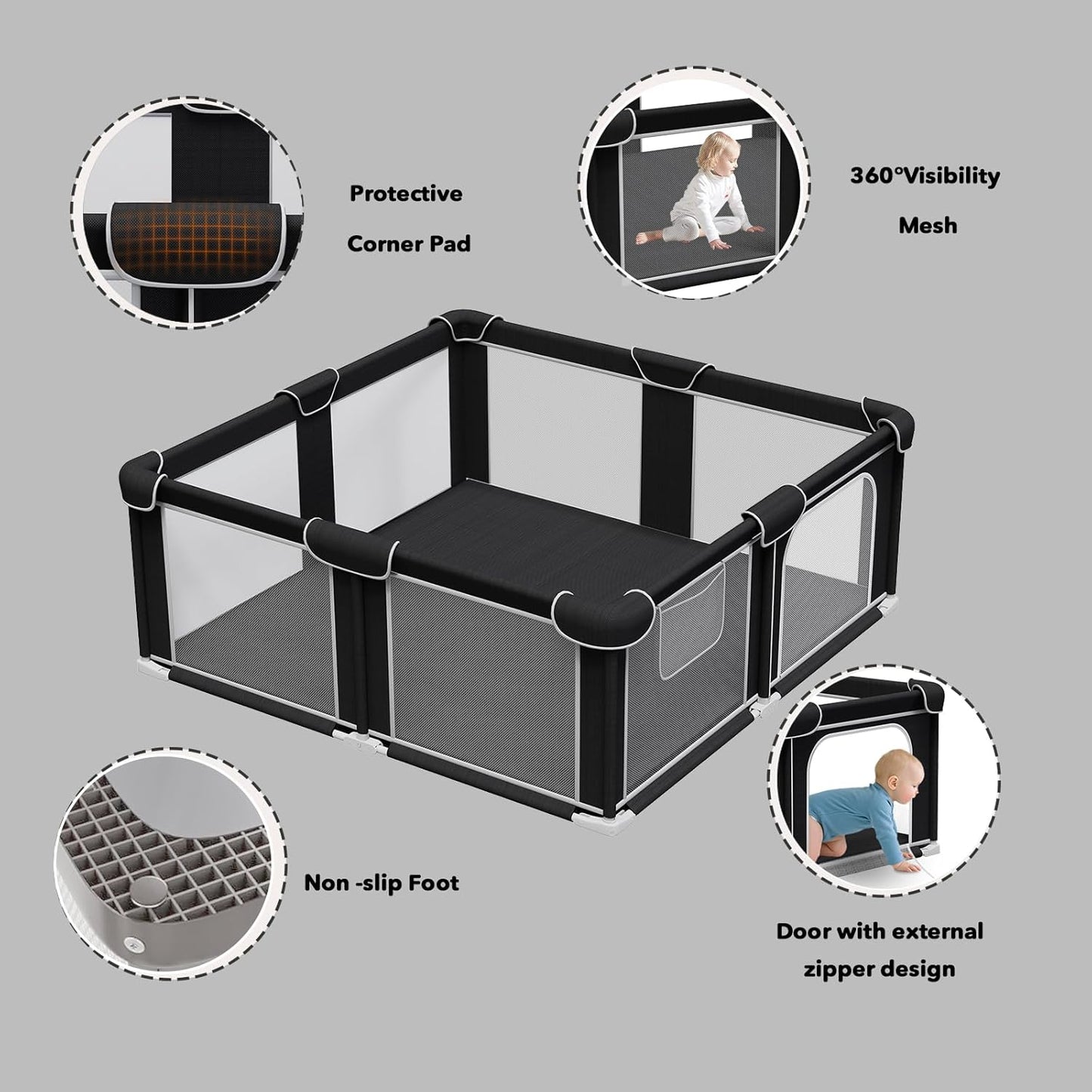 G TALECO GEAR Foldable Playpen for Babies and Toddlers, 71"x79" Portable Play Yard with Mat, Kids Collapsible Play Pen with Sturdy Metal Frame & Mesh Walls, Indoor & Outdoor Baby Fence Play Area