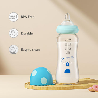 YOHKOH Natural Glass Baby Bottle with Level 1 Slow Flow Nipple, Newborn Anti-Colic Baby Bottles, Wide Neck Mushroom Baby Glass Bottle (Multicolour-A, 3.4oz (Pack of 4))