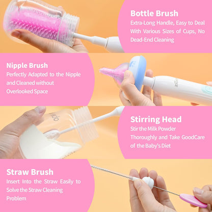 Electric Bottle Brush Cleaner, Portable Electric Baby Bottle Brush Cleaner for Travel, Rechargable Travel Bottle Cleaner Kit with Nipple & Straw Brush, Perfect Mom Essentials After Birth Gift, Green