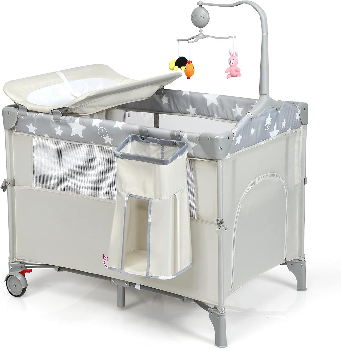 HONEY JOY Pack and Play with Bassinet, 5-in-1 Baby Bedside Sleeper w/Diaper Changing Table & Storage Bag, Toy Arch & Music Box, Detachable Side Rail, Portable Baby Play Yard w/Carry Bag(Gray)