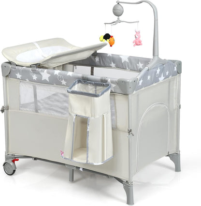 HONEY JOY Pack and Play with Bassinet, 5-in-1 Baby Bedside Sleeper w/Diaper Changing Table & Storage Bag, Toy Arch & Music Box, Detachable Side Rail, Portable Baby Play Yard w/Carry Bag(Gray)