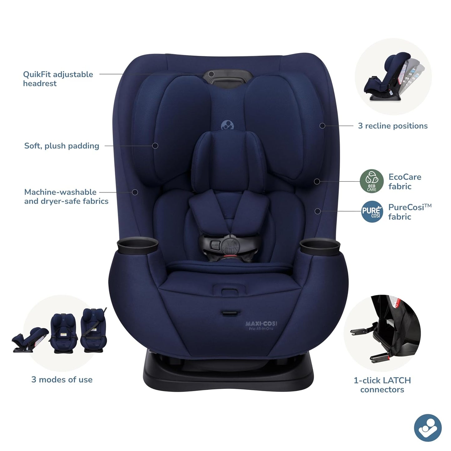 Maxi-Cosi Pria All-in-One Convertible Car Seat, Infant to Toddler Car Seat, Easy-Install Harness, Machine-Washable Cover, 5-100 lbs, Sea Shadow