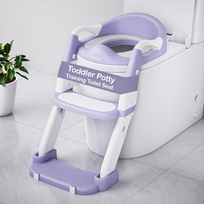 3-in-1 Toddler Potty Training Toilet Seat with Ladder | Foldable Toilet Potty Training Seat with Step Stool Ladder | 5-Level Adjustable Height | Soft Cushion, Splash Guard & Anti Slip Pad