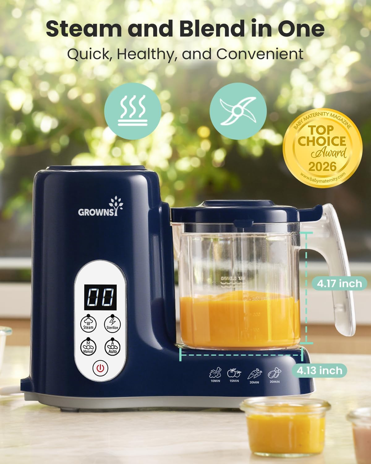 Grownsy Baby Food Maker with Steam Basket, One Step Baby Food Processor Steamer Puree Blender Grinder Mills Machine, Auto Cooking Grinding and Sterili-zing for Healthy Homemade Baby Food, Blue