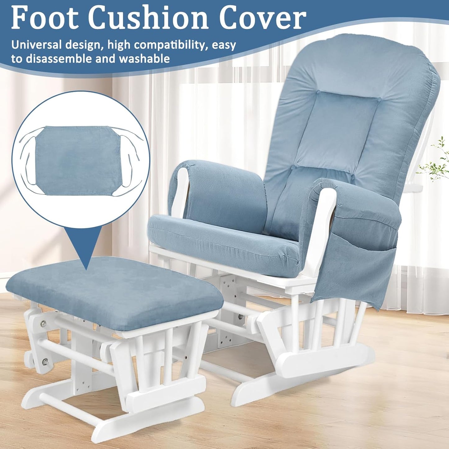 BECHAEO 5PCS Suede Glider Rocker Replacement Cushions with Ottoman Cover Thicken Soft Rocking Chair Cushion Set for Indoor Nursery Glider Rocking Chair, Blue