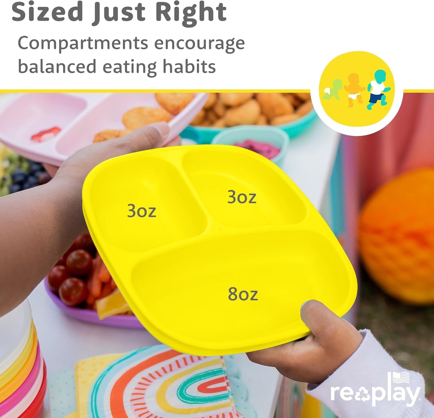 Re-Play Toddler Plates with Dividers - Deep-Walled 3 Compartments Divided Plates for Kids - Dishwasher & Microwave Safe - Made in USA - Set of 3-7.37" x 7.37" x 1.25" - Beach Baby