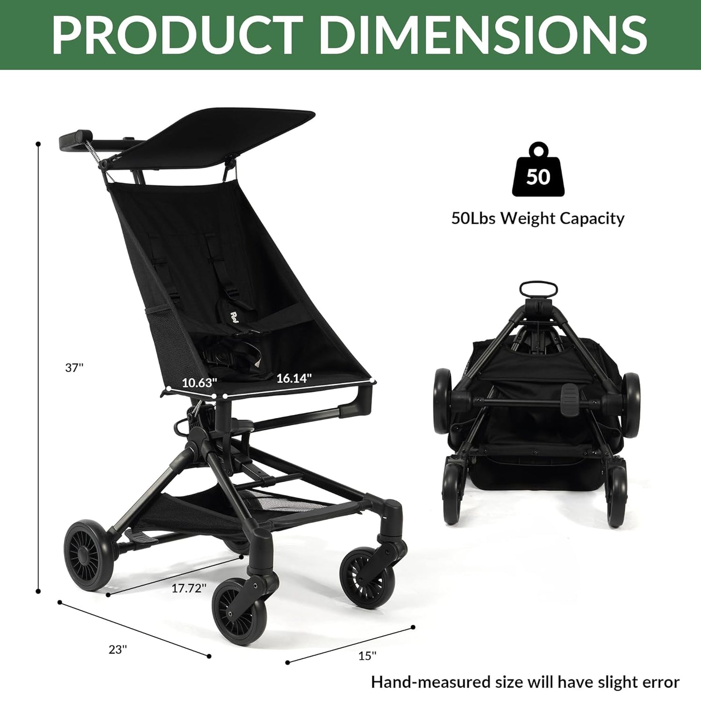 Lightweight Travel Stroller for Airplane,10.5 lbs Compact Foldable Baby Stroller with Sun Visor & Storage Basket,Convenience Airplane Strollers with Lockable Rear Wheels and Breathable Fabric,Midnight