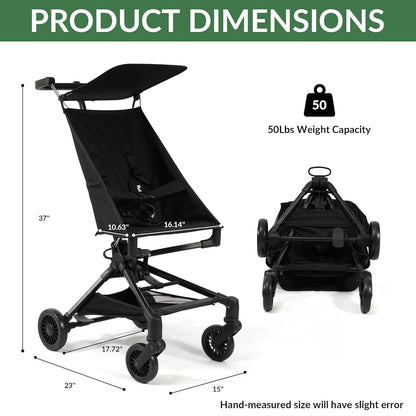 Lightweight Travel Stroller for Airplane, 10.5 lbs Compact Foldable Baby Stroller with Sun Visor & Storage Basket, Convenience Airplane Strollers with Lockable Rear Wheels and Breathable Fabric, Black