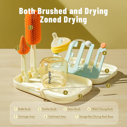 Phanpy Traveling Bottle Brush Set Portable Baby Bottle Cleaner Kit with Silicone Brush, Nipple Brush, Straw Brush, Drying Rack, Storage Box for Home and Travel