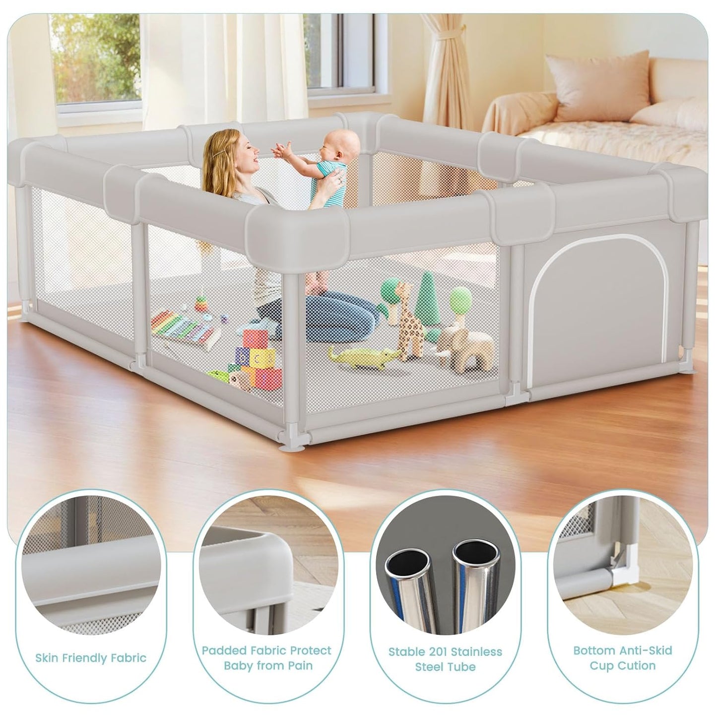 besuhot Baby Playpen Extra Large Play Yard 74" x 50" Playpen for Babies and Toddlers with Anti-Slip Suckers and Zipper Gate, Safety Baby Activity Center for Indoor & Outdoor