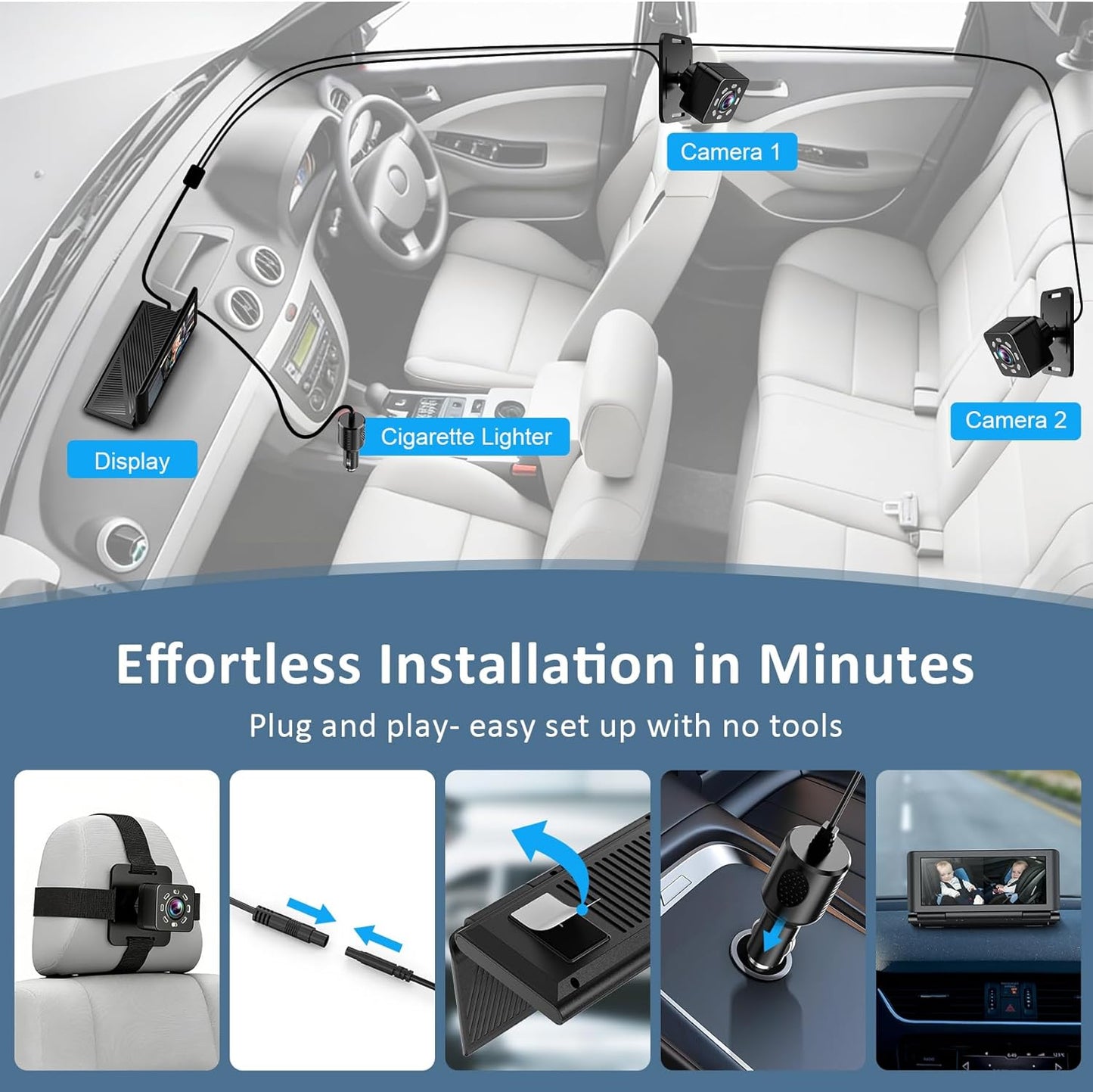 Baby Car Camera for 2 Kids, 6.86" 1080P HD Split Screen Baby Monitor with Dual Backseat Cameras and IR Night Vision, Crystal Clear Wide View Baby Car Mirror for Rear Seat Safety (Not USB)