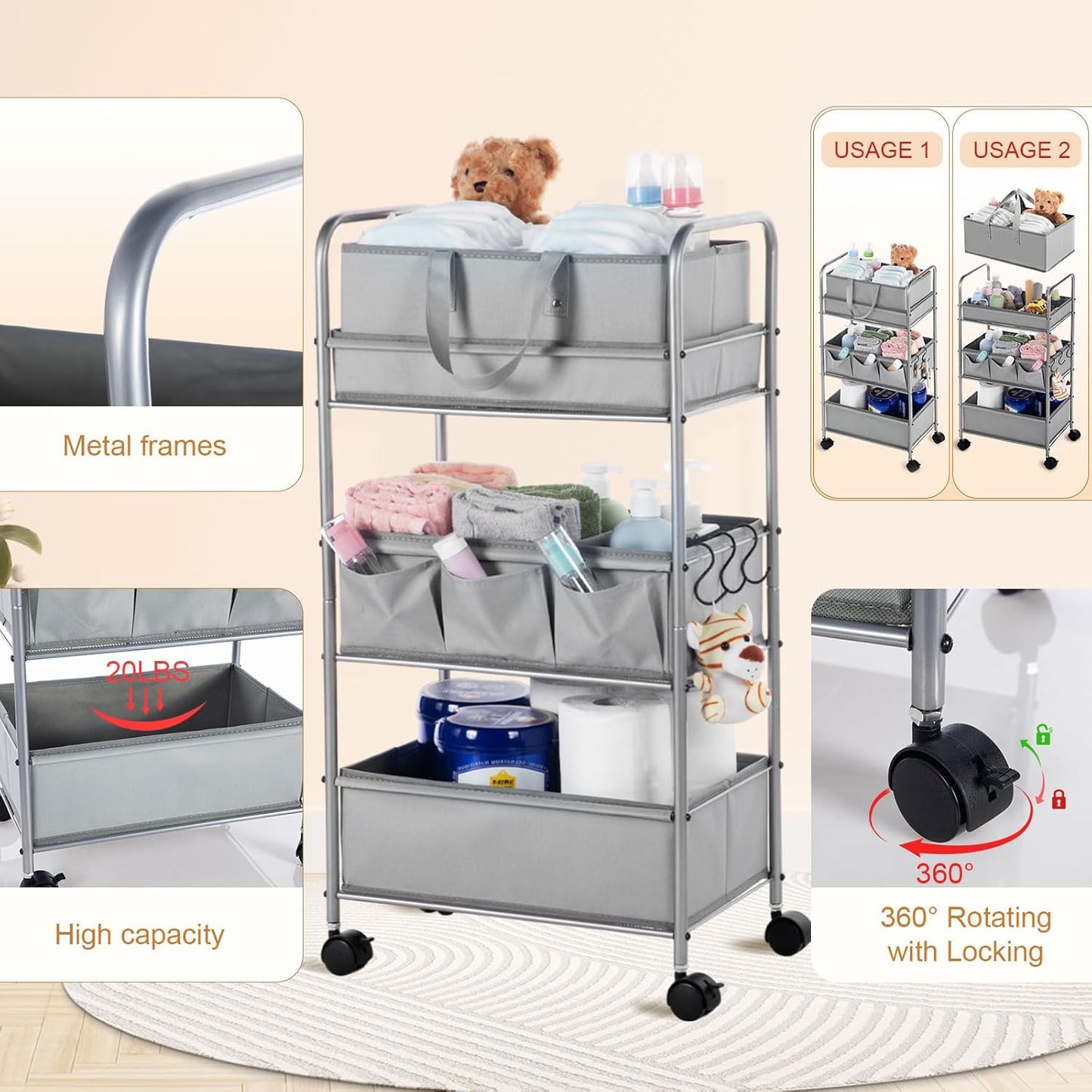 Honeydak 2in1 Baby Diaper Caddy Organizer Cart 3 Tier Large Capacity Metal Utility Bedside Rolling Cart with Divider Newborn Registry Nursery Essential Must Have Crib Bedroom Baby Shower(Green)