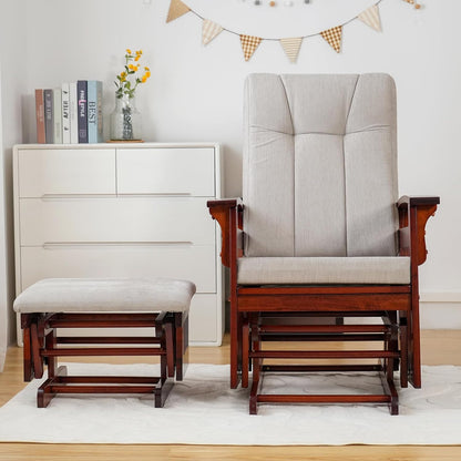 Rustic Rubber Wood Glider and Ottoman Set, Nursery Glider Chair for Breastfeeding and Relaxing, Comfortable Rocking Chair for Living Room and Bedroom（Tan）