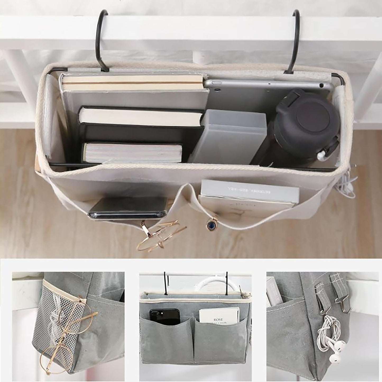Bedside Caddy Organizer/Bedside Hanging Storage Bag Multi-Function Caddy for Bunk bed Hospital Beds Dorm Bed Rails, Holders Books Glasses Phones Magazine(White)