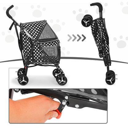 MoNiBloom 4 Wheels Pet Stroller, Easy-Fold Puppy Cage Jogger Stroller with Sun Cover, Pad and Rear Storage Bag, Breathable and Visible Mesh for Small/Medium Pets up to 22 lbs, Black