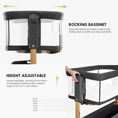 Baby Bassinet Bedside Sleeper, 3-in-1 Rocking Bassinet for Baby with 6-Level Height Adjustable, 4 Wheels & Breathable Mesh Walls, Portable Bedside Bassinet with Mattress for Newborn