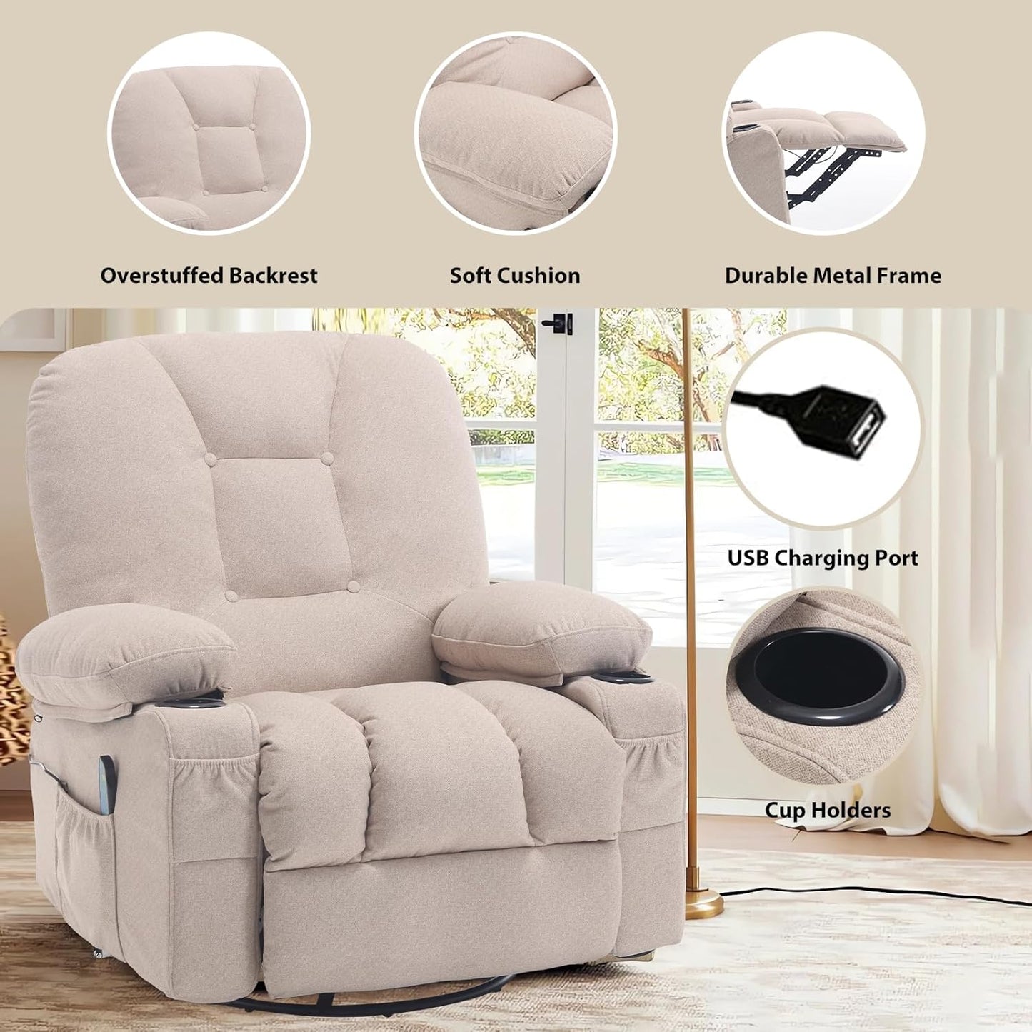 Rocker Recliner Chair with Massage and Heat, Oversized Rocking Nursery Recliners Overstuffed Swivel Glider with Cup Holder, Fabric Manual Single Sofa for Living Room, Beige
