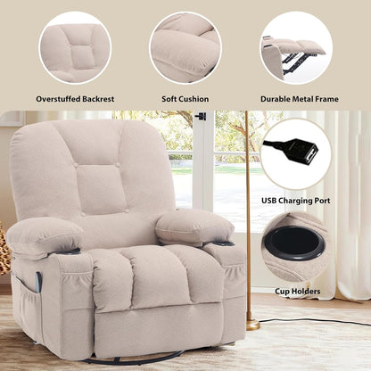 Rocker Recliner Chair with Massage and Heat, Oversized Rocking Nursery Recliners Overstuffed Swivel Glider with Cup Holder, Fabric Manual Single Sofa for Living Room, Beige