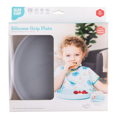 Bumkins Toddler and Baby Suction Plate, Divided Grip Dish for Babies and Kids, Baby Led Weaning, Feeding Supplies, Sticks to Tables and Highchairs, Platinum Silicone, for Chidren 6 Months, Gray