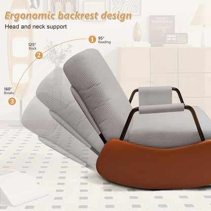 JPBSTO Rocking Chair Nursery, Upholstered Glider Rocking Chair with Side Pocket and Adjustable High Backrest, Comfortable Rocker Recliner with Footrest Perfect for Living Room Bedroom, Beige