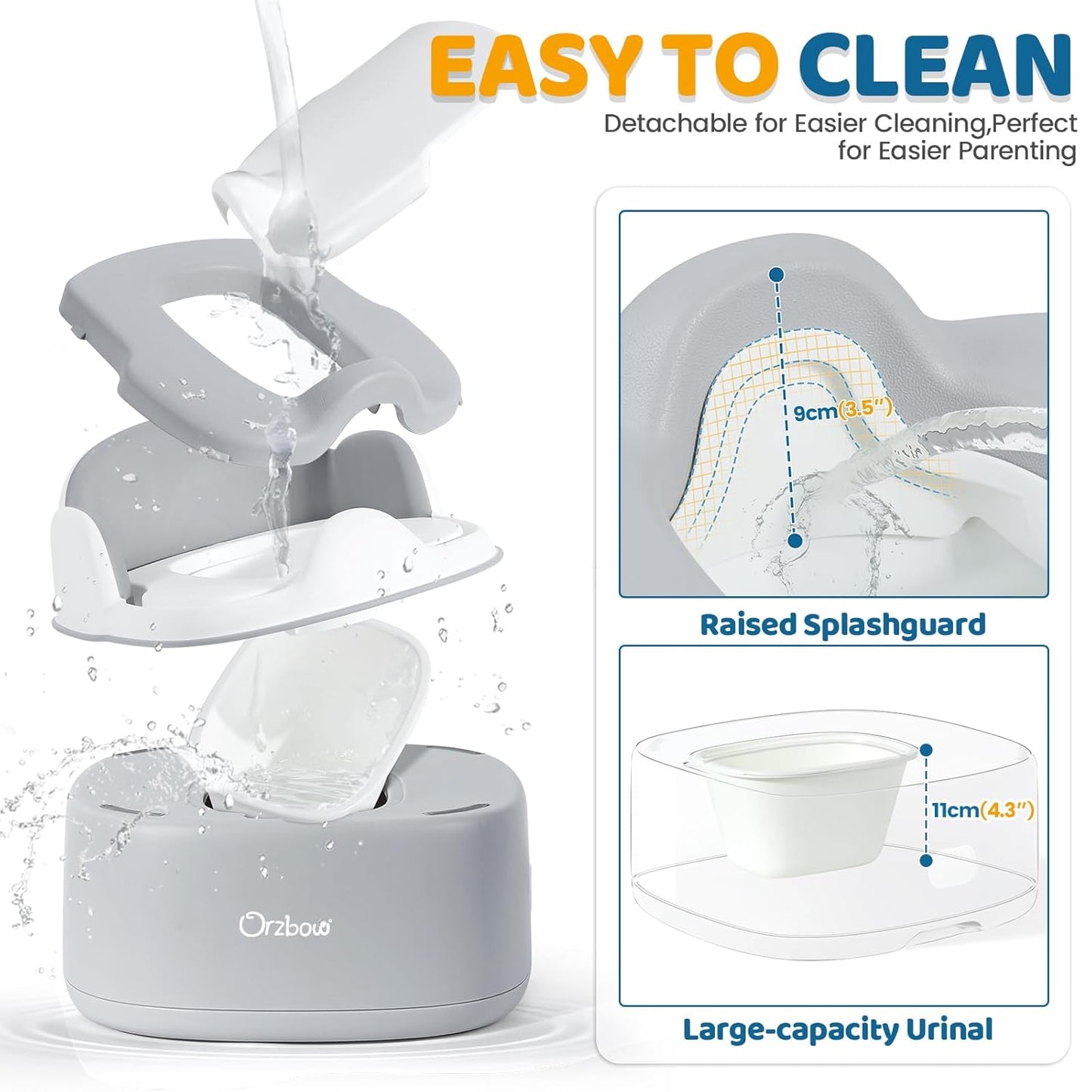 Orzbow 3-in-1 Toddler Potty Training Toilet | Baby Potty Chair, Toilet Topper Training Seat and Step Stool for Boys and Girls, Easy-to-Clean with Splash Guard and Lid, Grey