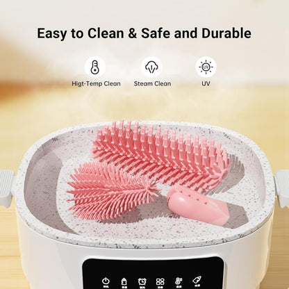 Aynmer Baby Bottle Brush, 10 in 1 Travel Baby Bottle Cleaner Brush Set with Silicone Brush, Nipple Brush, Straw Brush, Soap Dispenser, Portable Drying Rack, Breast Pump & Bottle Cleaning Kit - Pink