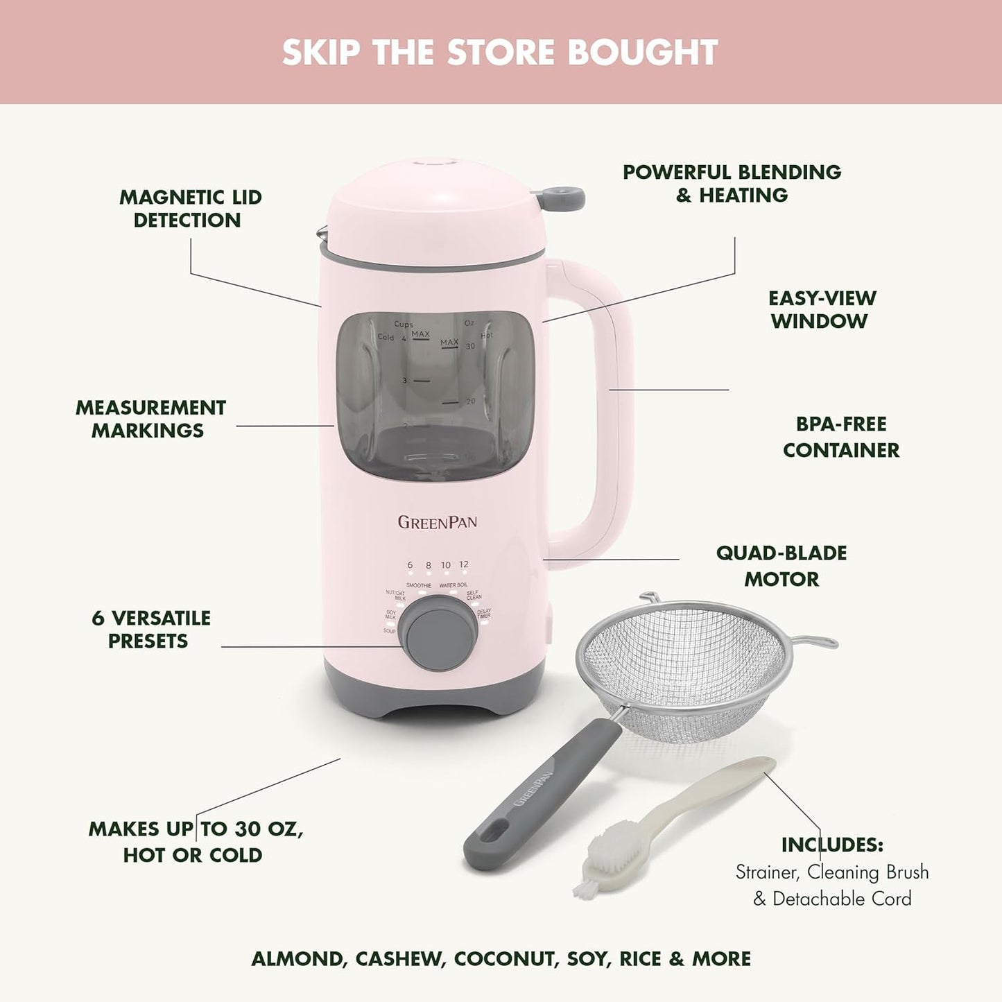 GreenPan 30oz Nut Milk Maker Machine, 15-in-1 for Homemade Almond, Oat, Soy, Coconut, Plant-Based Non-Dairy Beverages, Soups, BPA-Free Glass, Automatic Self-Clean, Delay Start, Pink