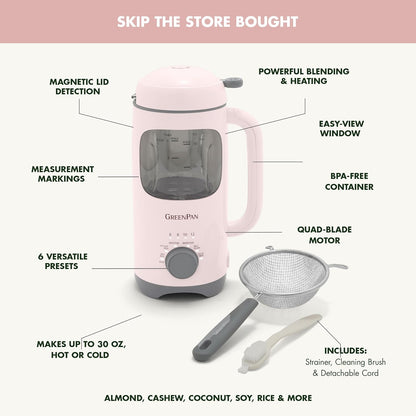 GreenPan 30oz Nut Milk Maker Machine, 15-in-1 for Homemade Almond, Oat, Soy, Coconut, Plant-Based Non-Dairy Beverages, Soups, BPA-Free Glass, Automatic Self-Clean, Delay Start, Pink