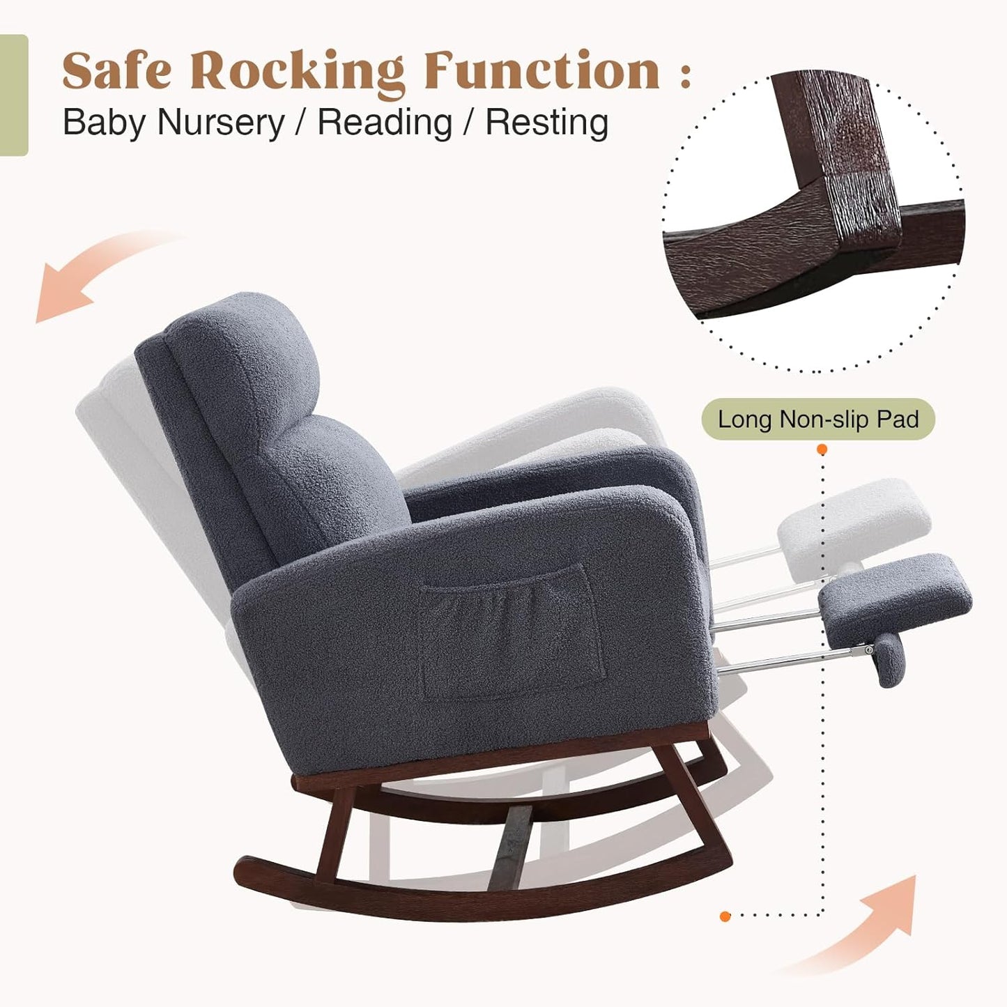 HCHAIRH Rocking Chair Nursery, Nursing Rocking Chairs with Foot Rest for Mom Nursery, Glider Rocker Chair with Footrest and High Backrest for Living Room, Bedroom, Beige