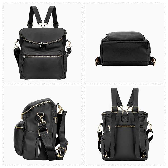 Minsong Diaper Bag Backpack,Fashion Leather Mommy Backpacks,Travel Toddler Baby Diaper Bags with in Bag Organizer and Changing Pad (Black)