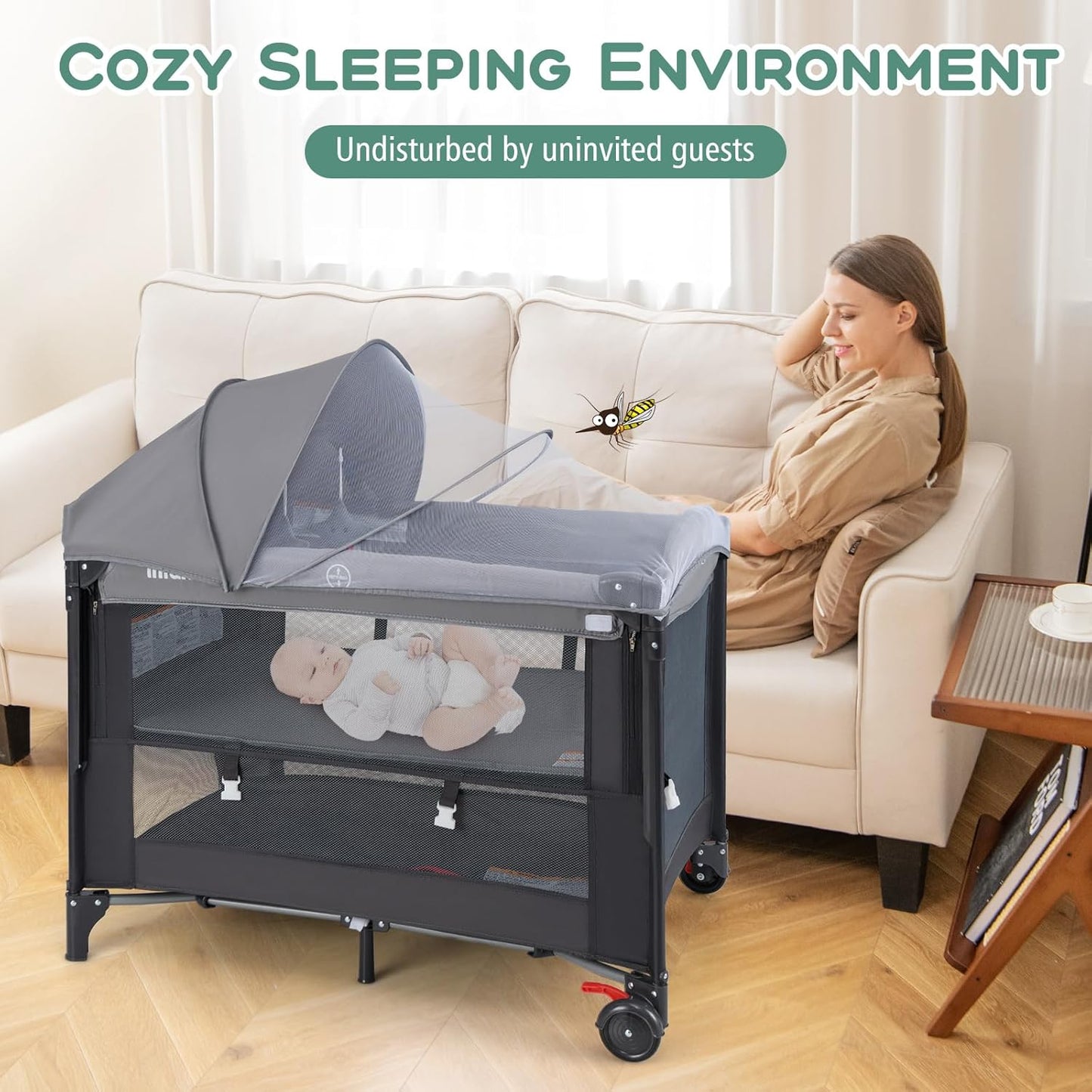 INFANS Baby Bassinet, 4 in 1 Nursery Center Pack and Play Baby Playard with Changing Table, Mosquito Net, Storage Basket, Travel Bag for Newborn 0-36 Months (Gray)