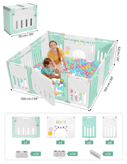 Baby Playpen, Dripex Baby Playard for Babies and Toddlers, 14-Panel Foldable Playpen Adjustable Portable Play Area, Indoor/Outdoor Kids Active Center with Game Panel & Safety Gate, Grey White